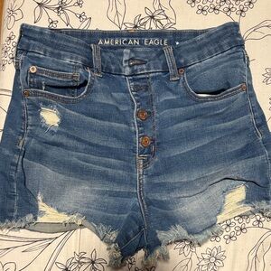 American Eagle Outfitters Distressed Blue High-Rise Denim Shorts